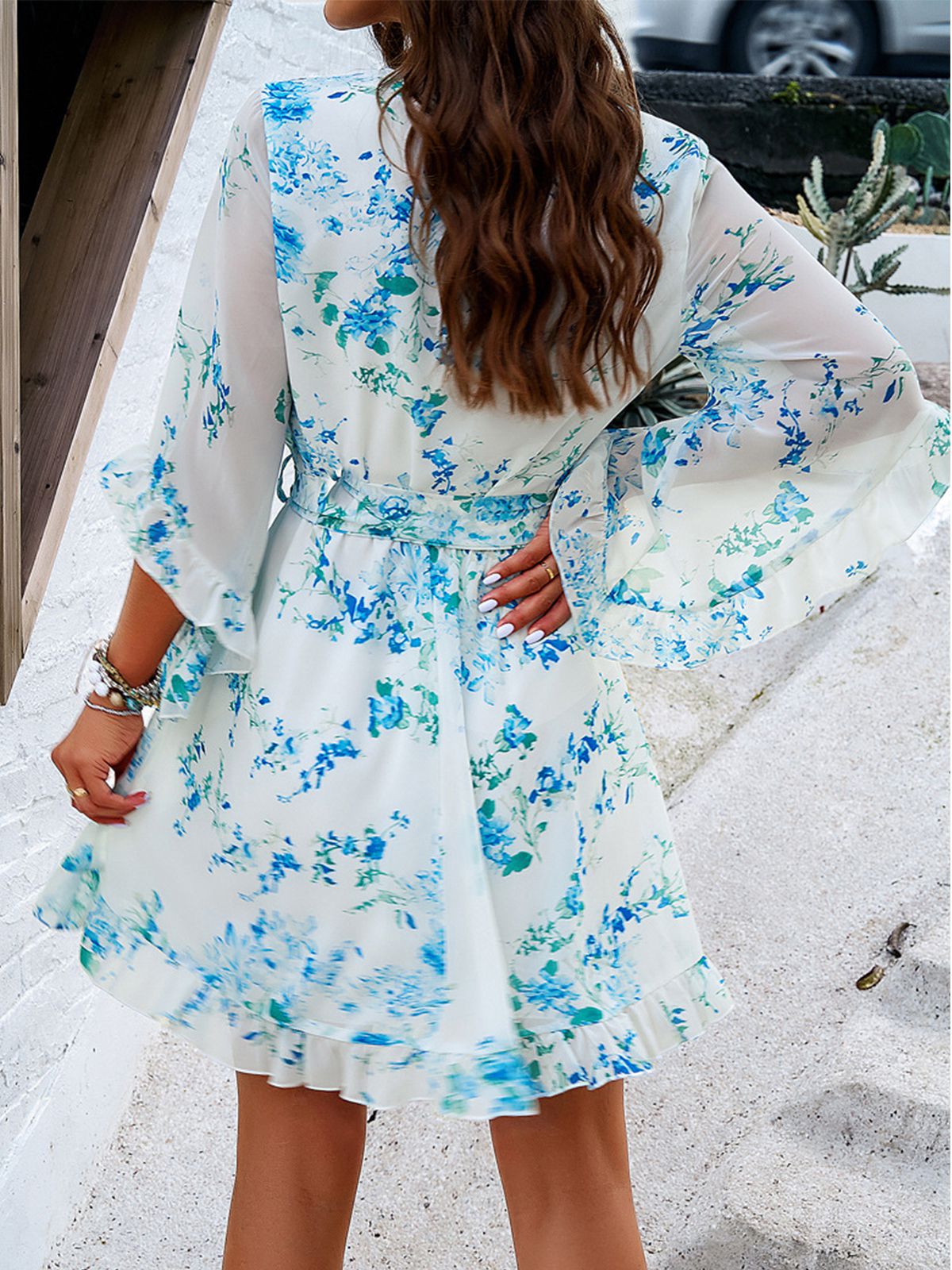 White  Floral Chiffon V-Neck Dress