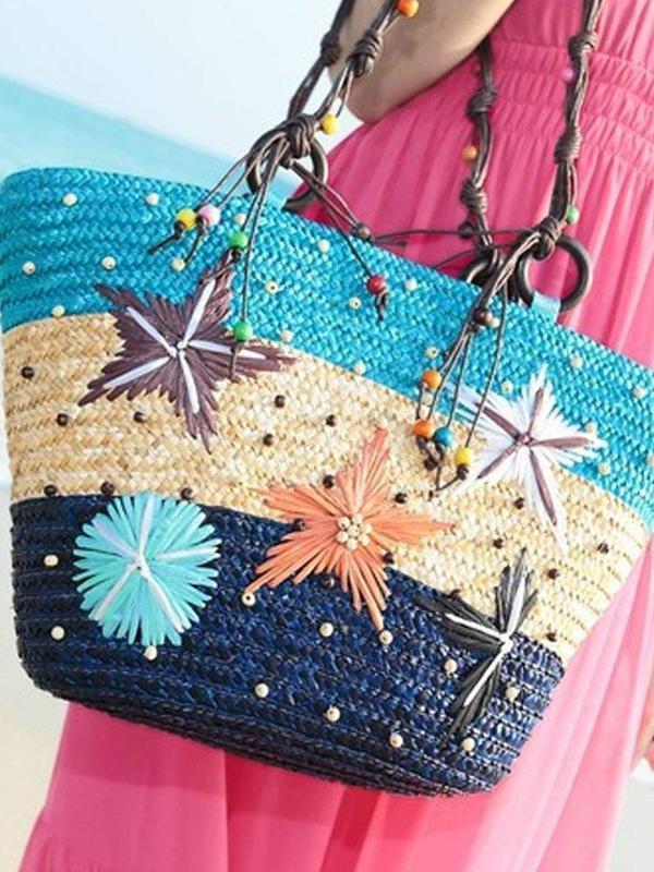 Starfish Embroidery Seaside Holiday Beach Straw Shoulder Bag