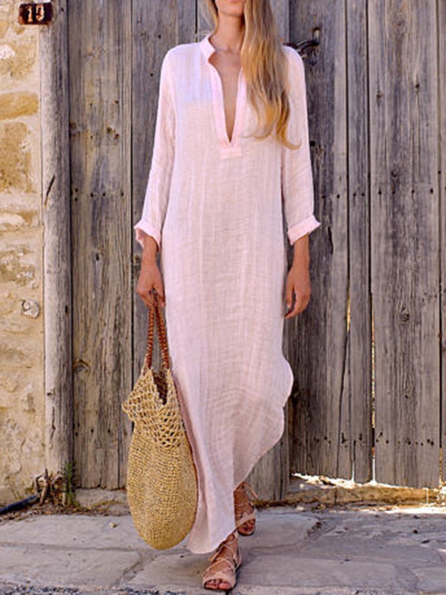 Color V Neck Long Sleeve Casual Maxi Dress