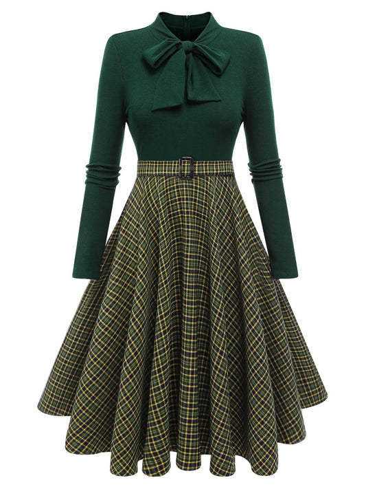 Dark Green Plaid Knitting Dress