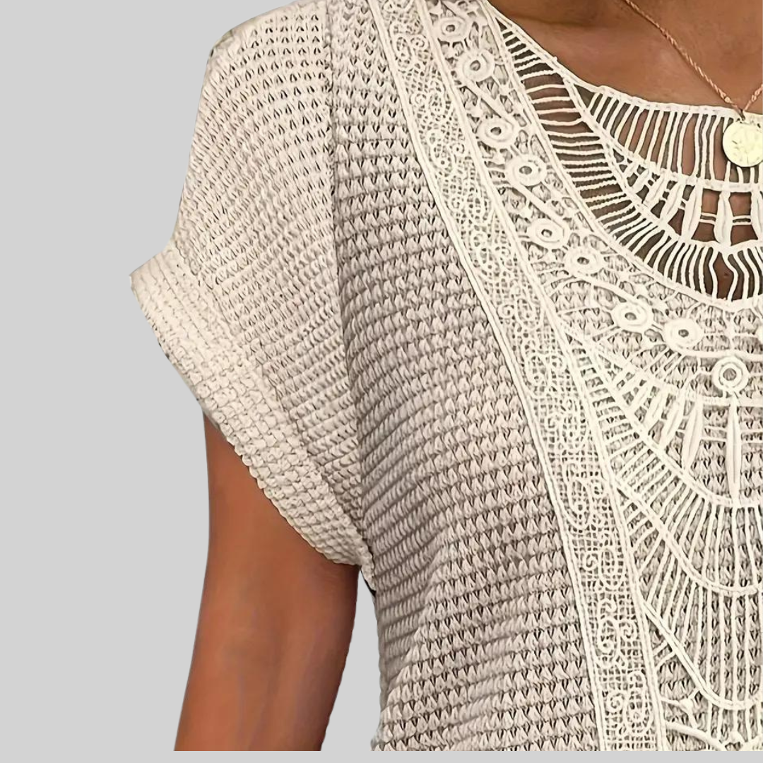 Ivyshape | Short Sleeve Top Casual Lace with Round Neck