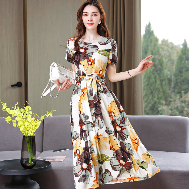 Ivyshape | Women's Long Floral Dress Round Neck