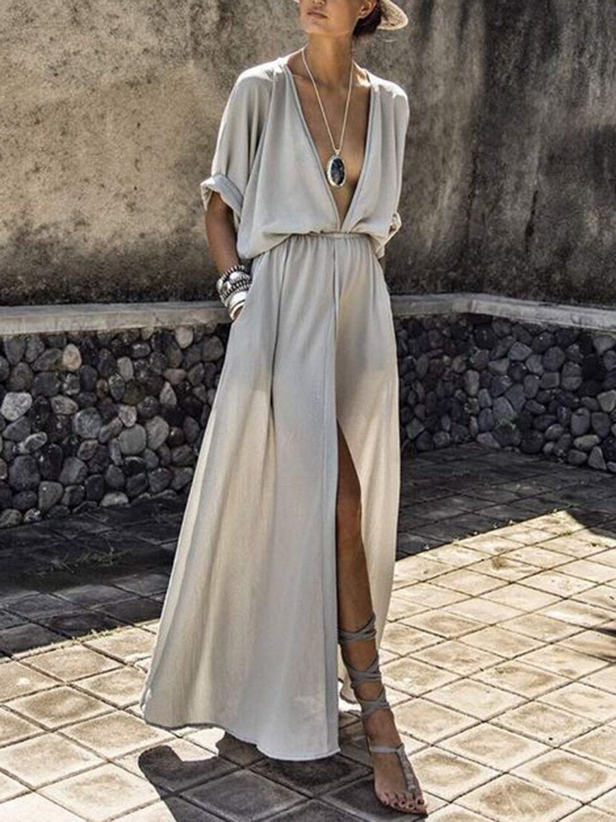 Color V Neck Short Sleeve Split Maxi Dress