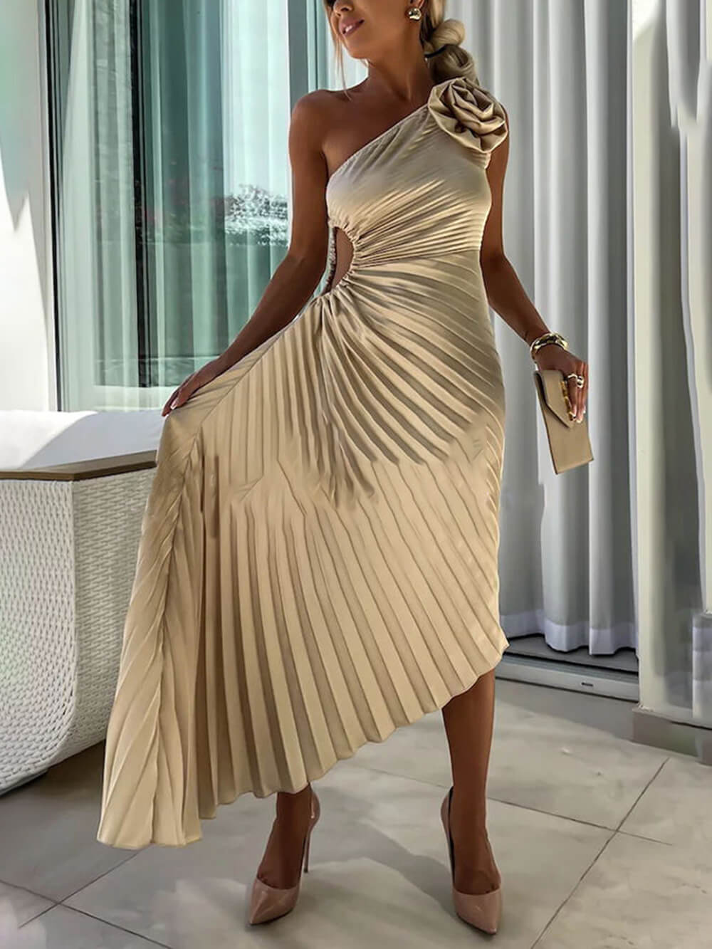 Ivyshape | Sand One-Shoulder Dress
