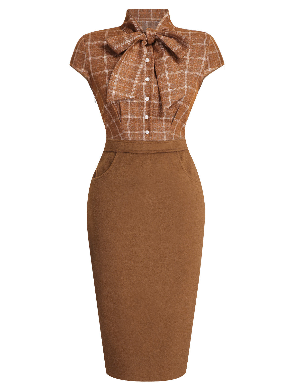 Brown  Plaid Patchwork Pencil Dress