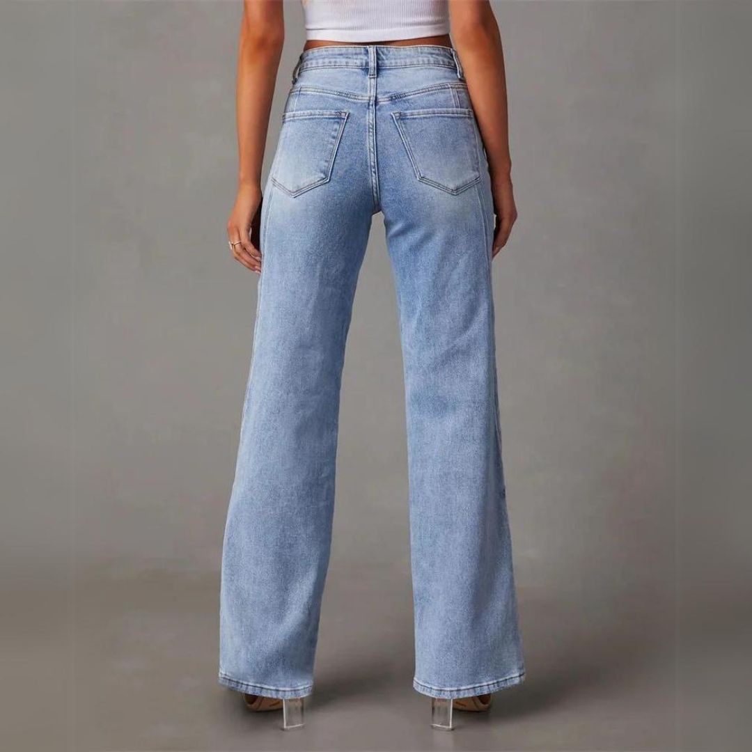 Ivyshape | Women's Denim Straight Flare Jeans Blue