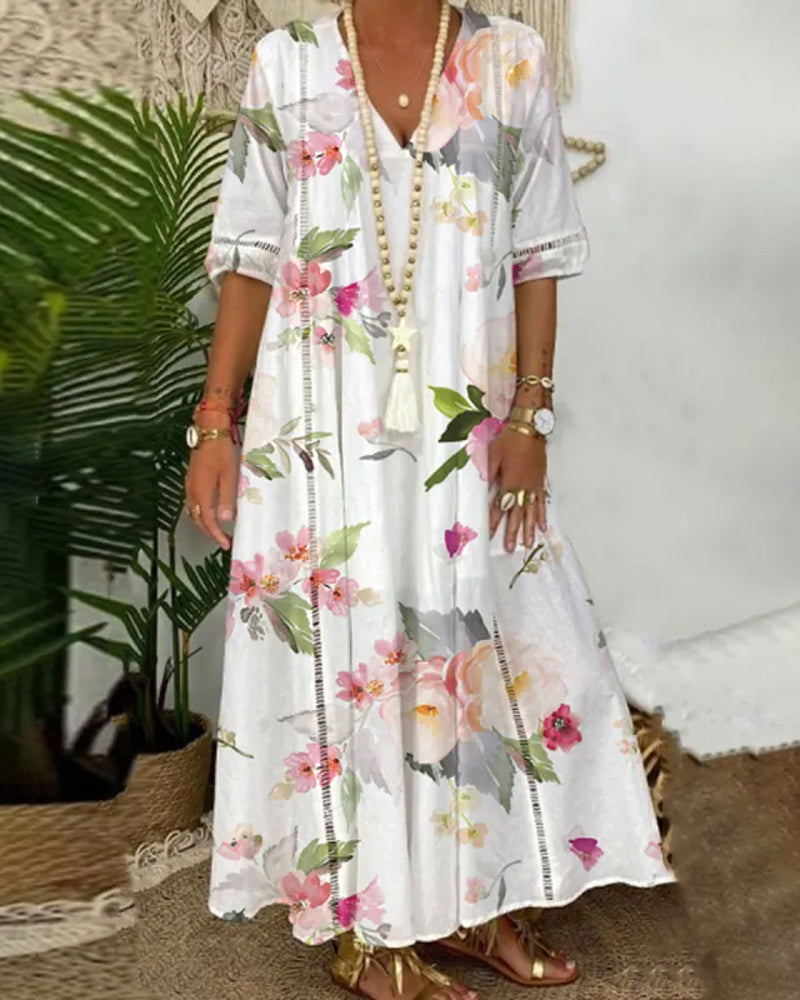 Summer Floral Long Dress with Half Sleeves | Perfect for Casual Days