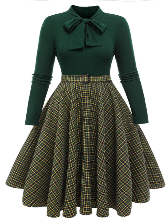 [Plus Size] Dark Green Plaid Knitting Dress