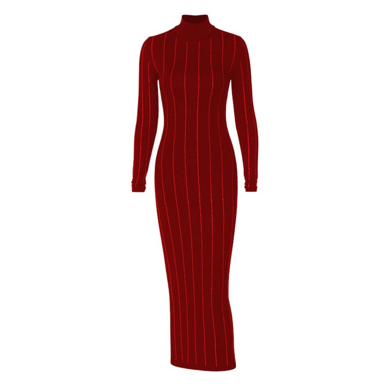 Long sleeve high neck beaded solid midi dress