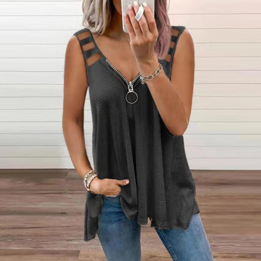 Ivyshape | Women's Zipper V Neck Top Stylish