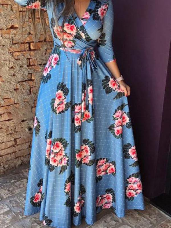 Sleeve Floral V Neck Slim Waist Maxi Dress with Belt