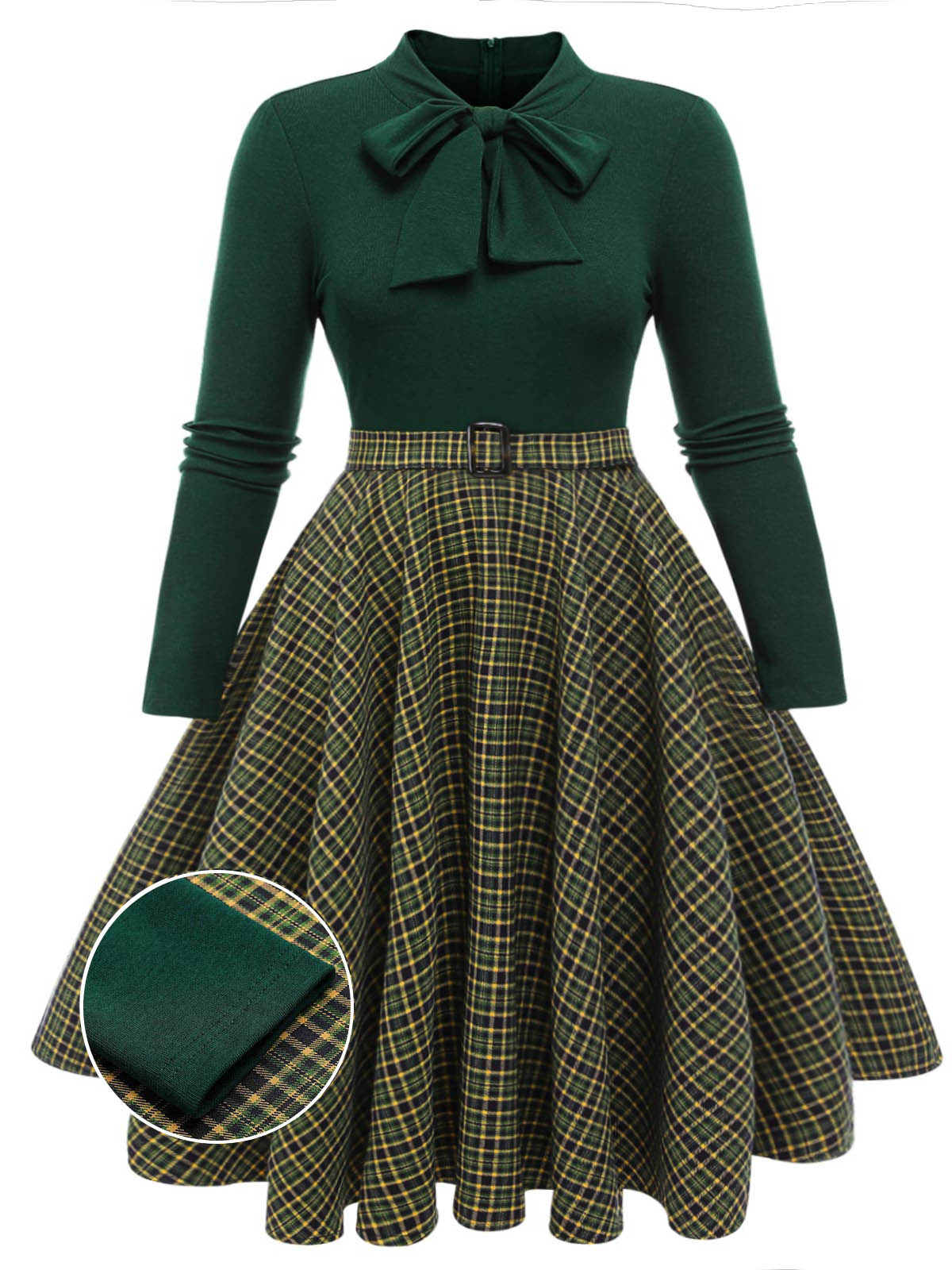 [Plus Size] Dark Green Plaid Knitting Dress