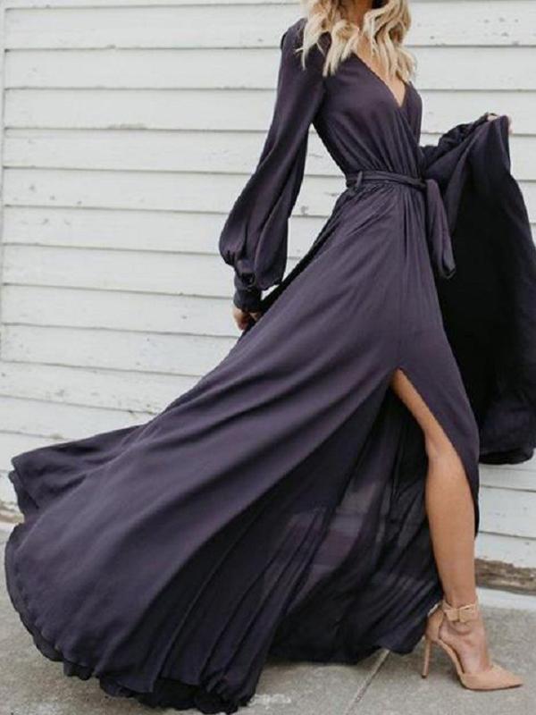 V Neck Long Sleeve Split Maxi Dress with Belt