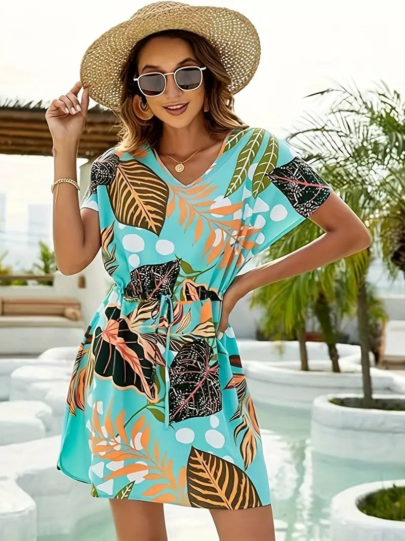 Ivyshape | Women's Cool Leaf Print Summer Dress Green