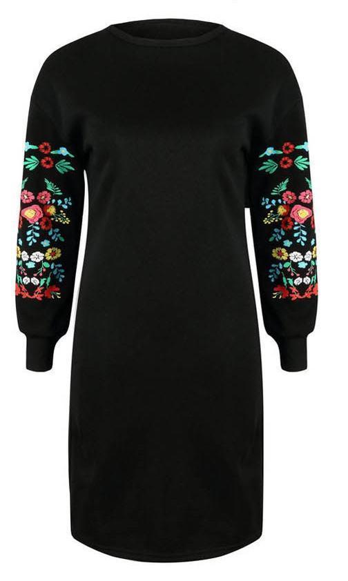 Neck Floral Long Sleeve Mini Dress