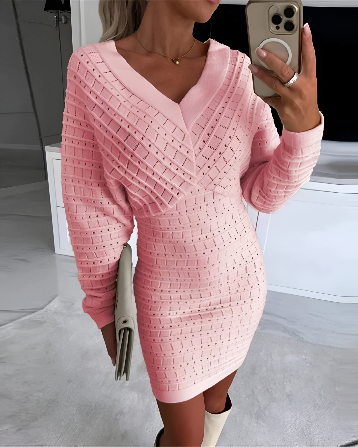 Ivyshape | Knitted V-Neck Long Sleeve Dress