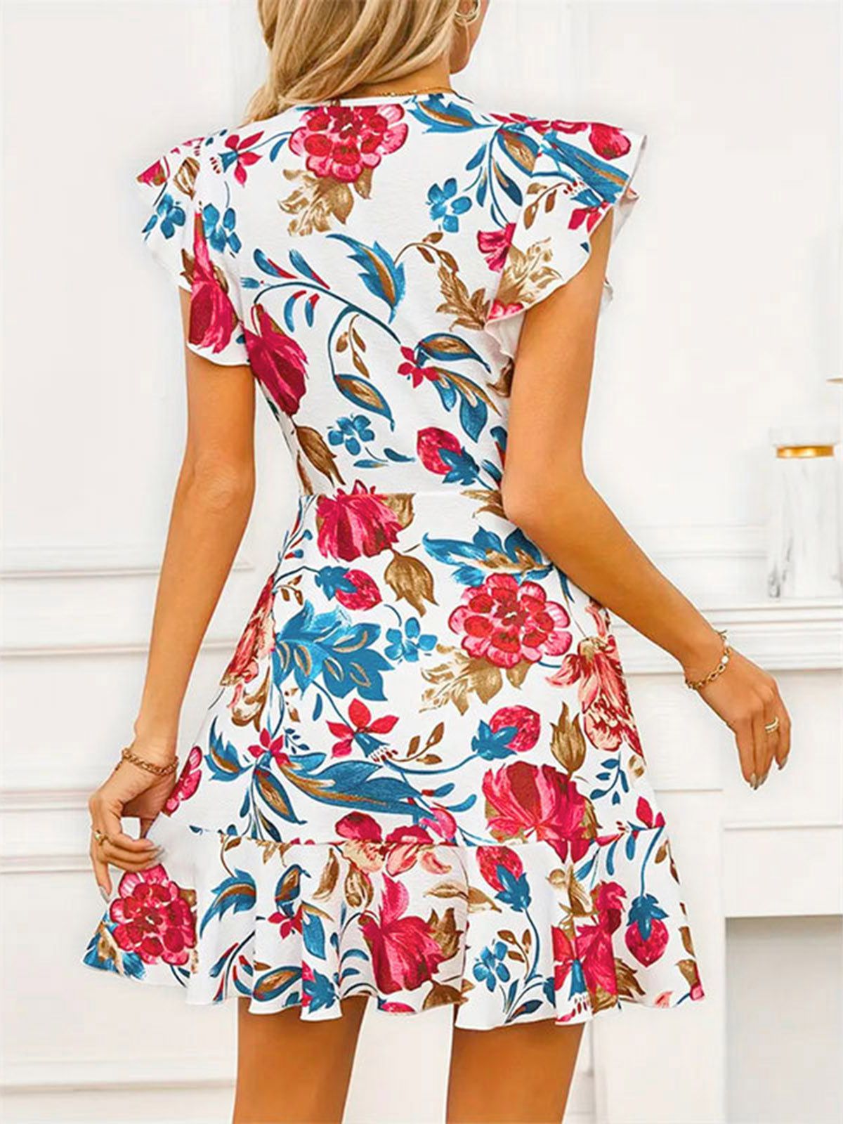 V-Neck Floral Ruffles Flying Sleeve Dress