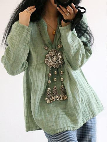 Color Long Sleeve Linen Cotton Loose Tops Blouse