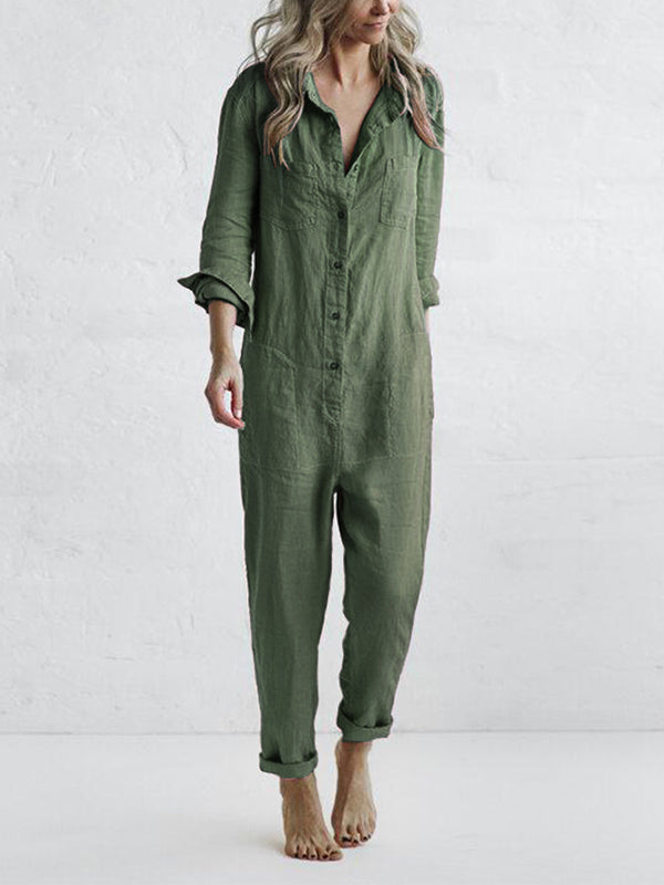 Ivyshape | Beatrix Button-up, Casual Long Sleeve Jumpsuit with Revers Pocket [Last Day Discount]