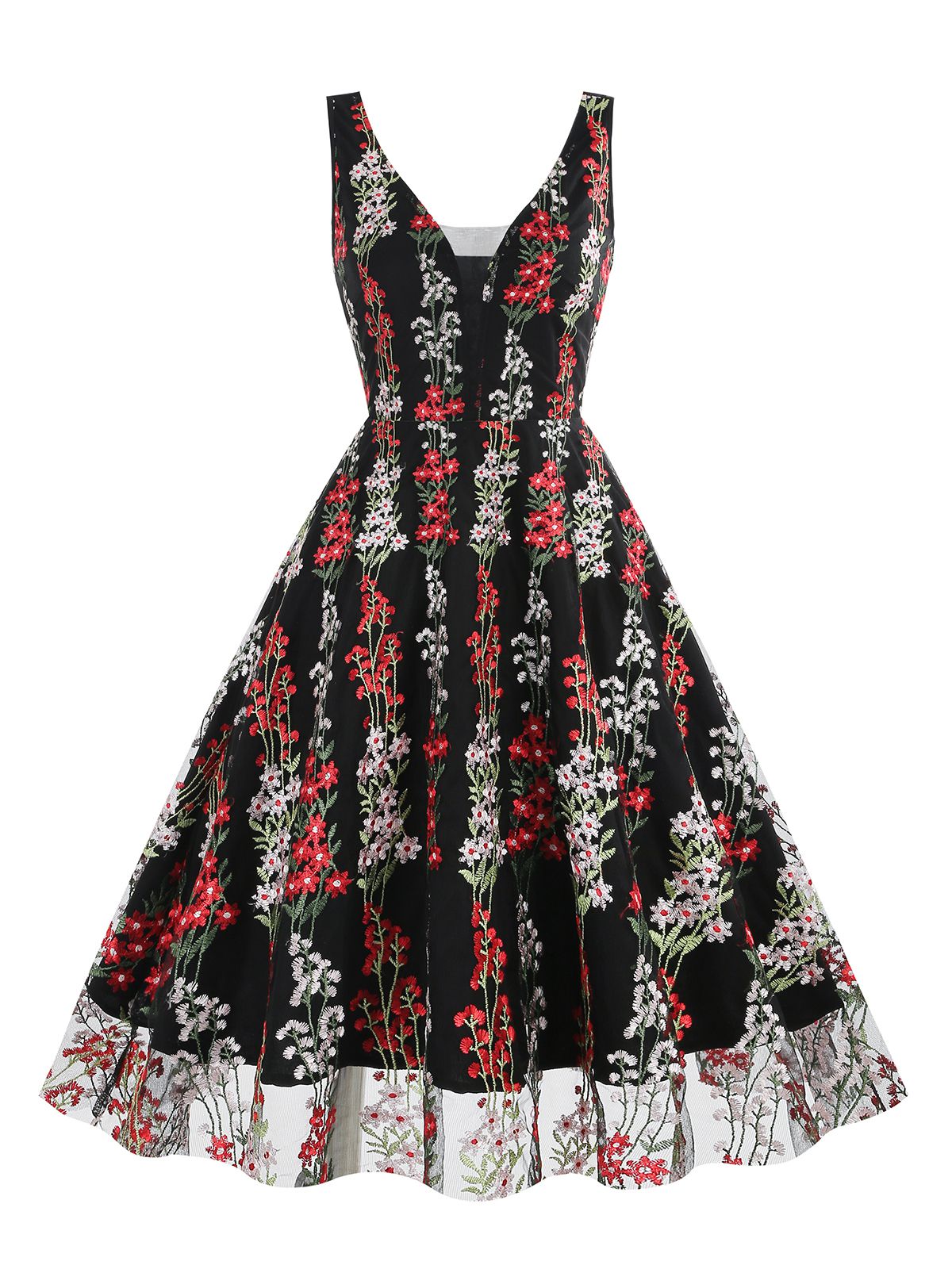 Embroidered Floral V-Neck Swing Dress