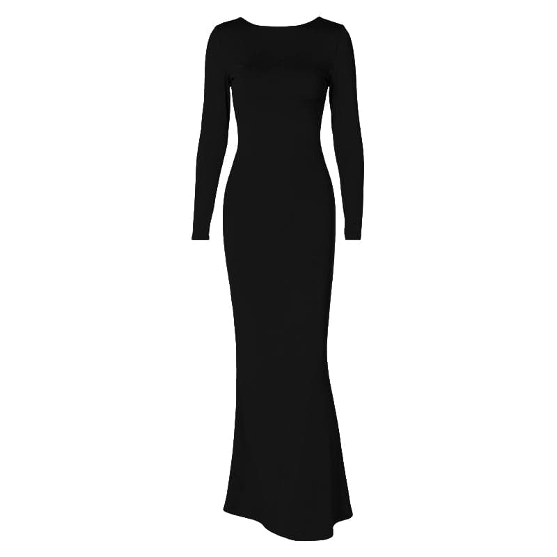 Long sleeve backless lace up ruched solid maxi dress