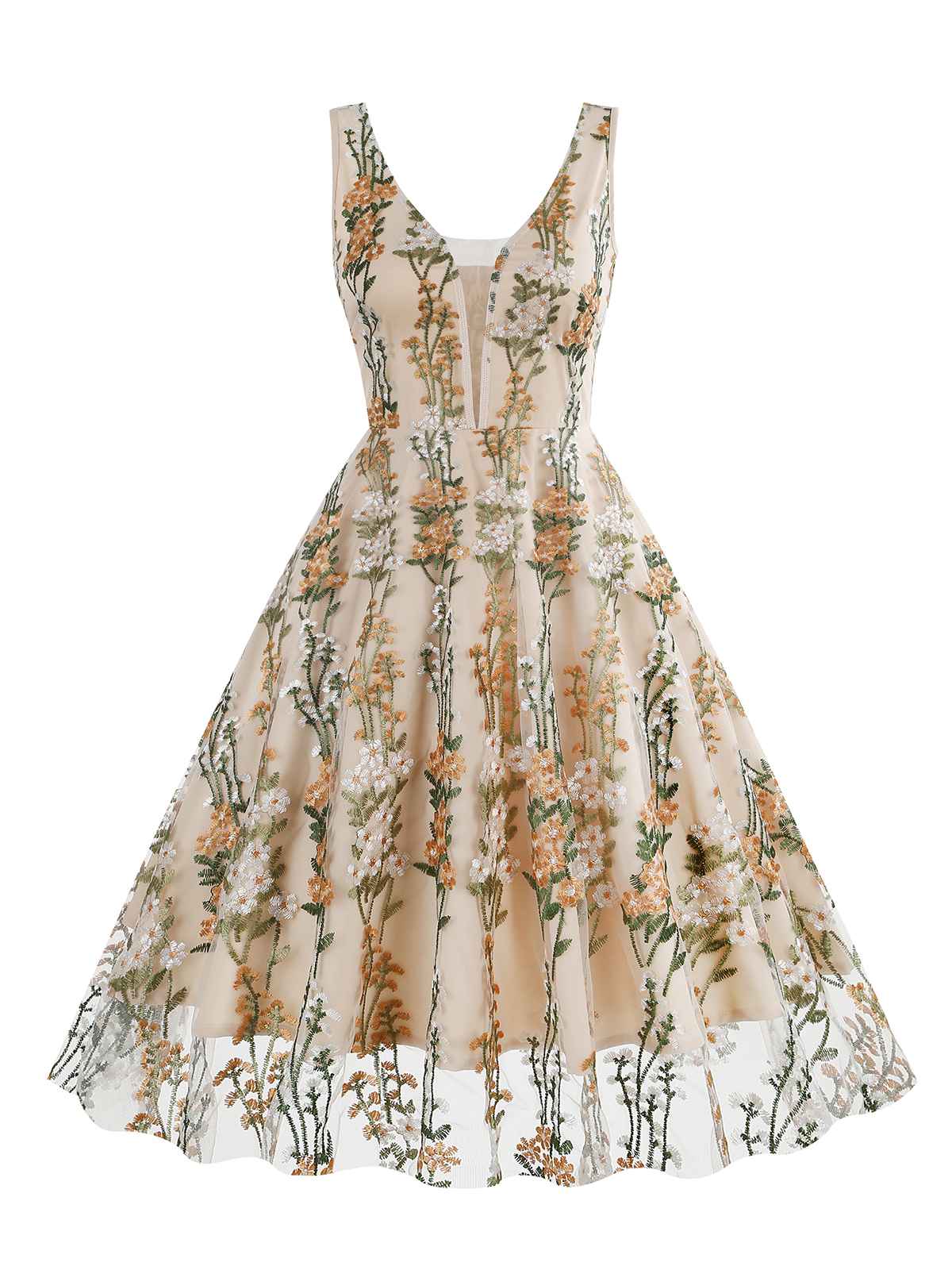 Embroidered Floral V-Neck Swing Dress