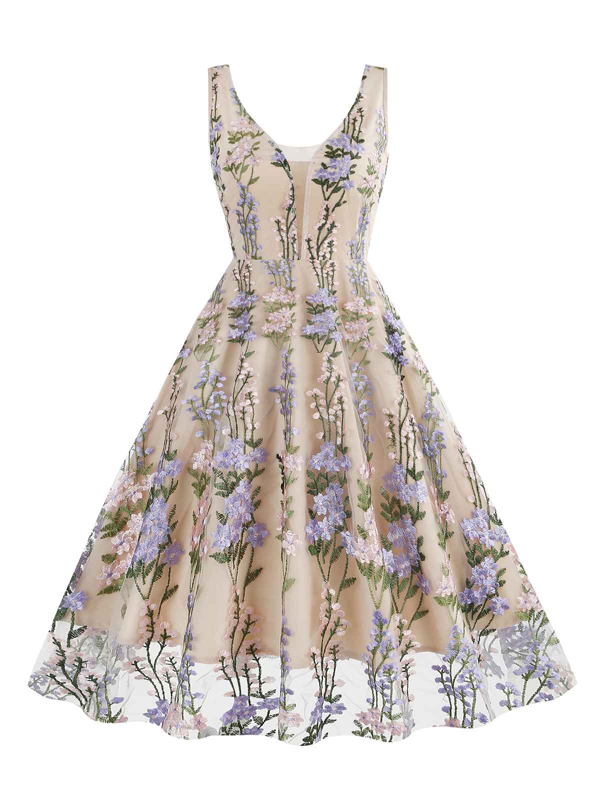 Embroidered Floral V-Neck Swing Dress