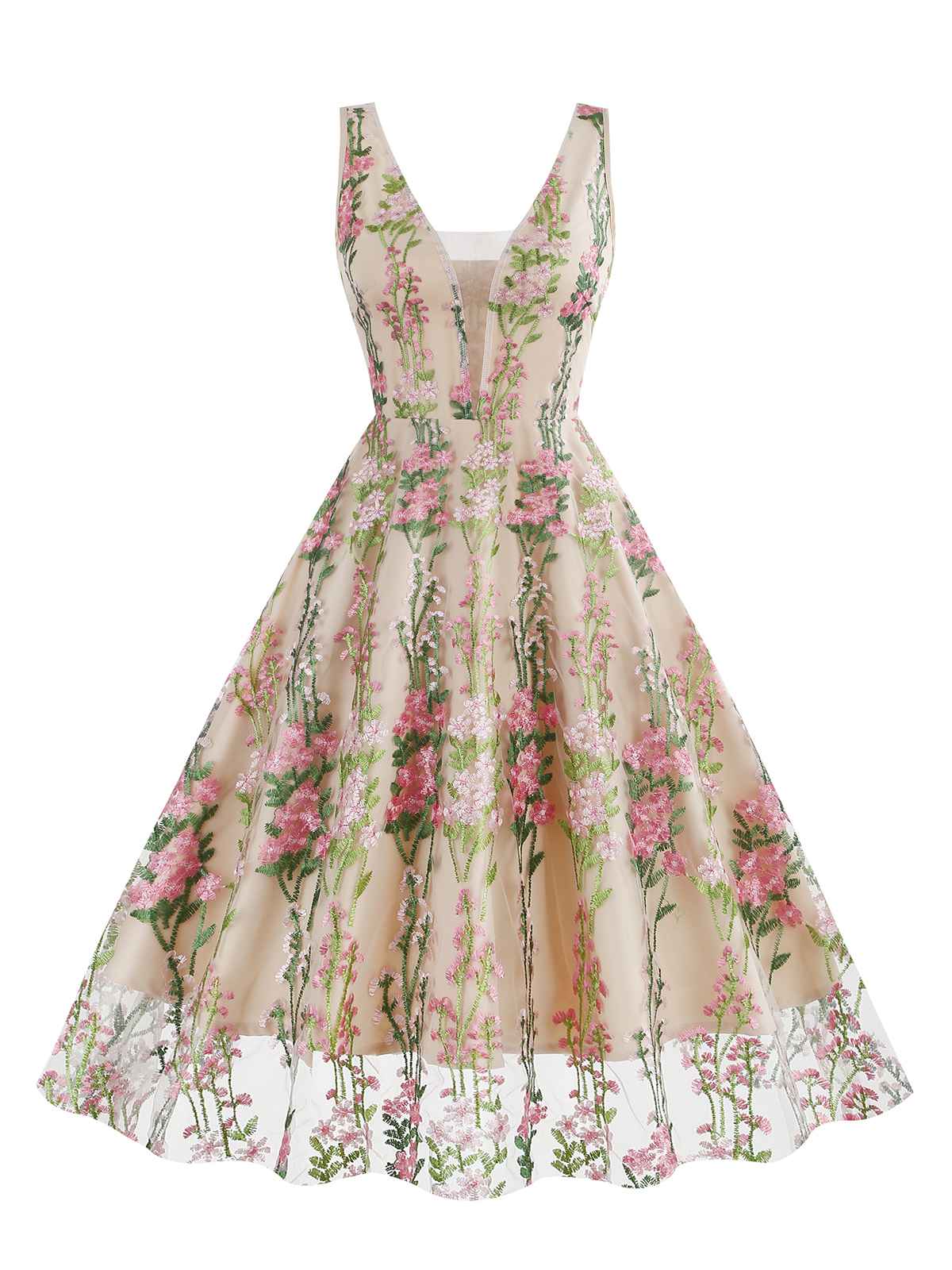 Embroidered Floral V-Neck Swing Dress