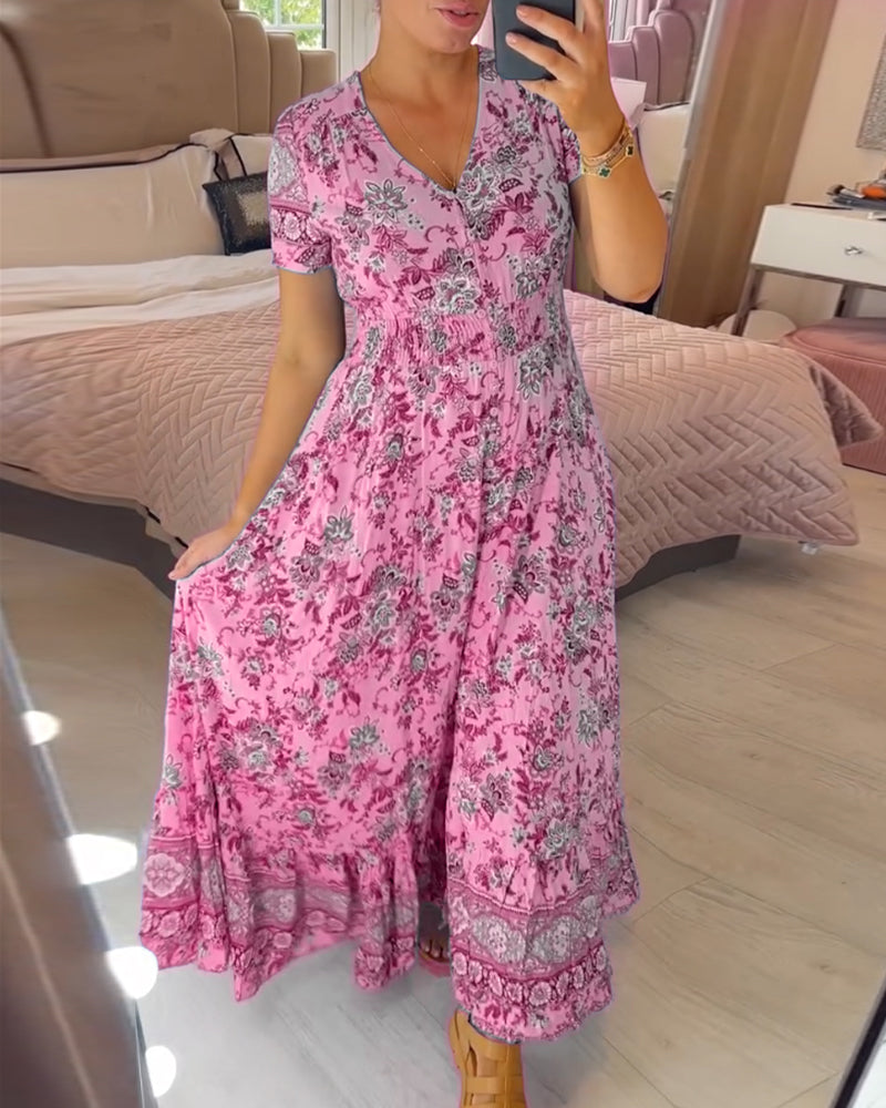 Summer Floral Long Dress with V-Neckline | Ideal for Summer