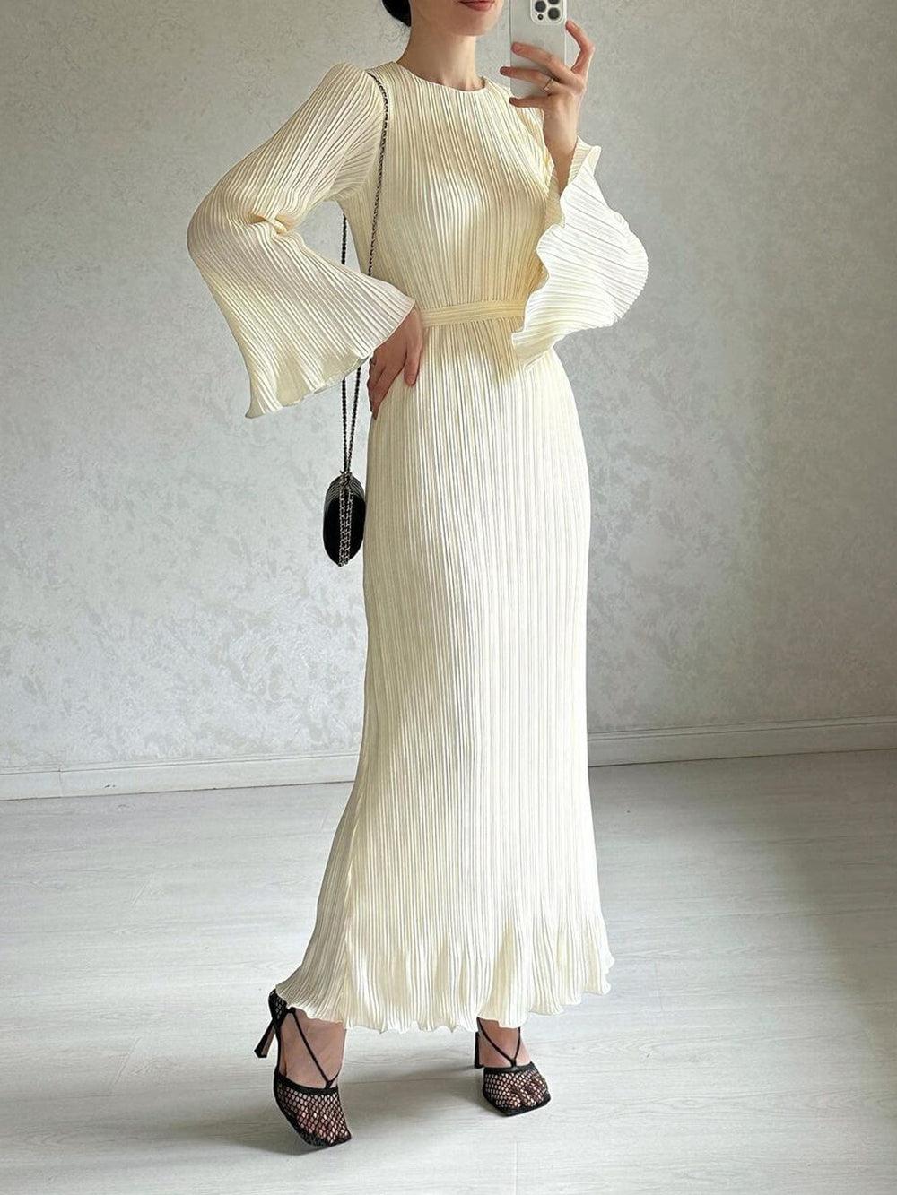 Ivyshape | Pleated Maxi Dress with Bell Sleeves for Women