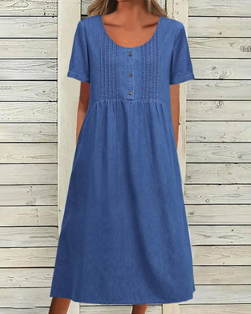 Summer Denim Midi Dress with Short Sleeves | Ideal for Summer