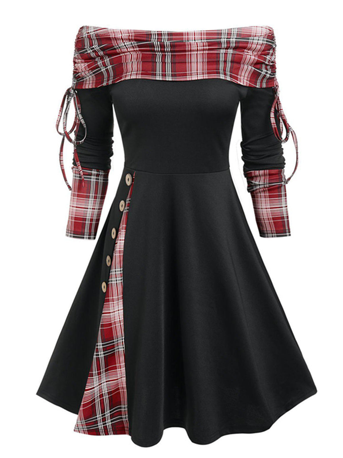 Plaid Patchwork Lace-Up Off-Shoulder Dress