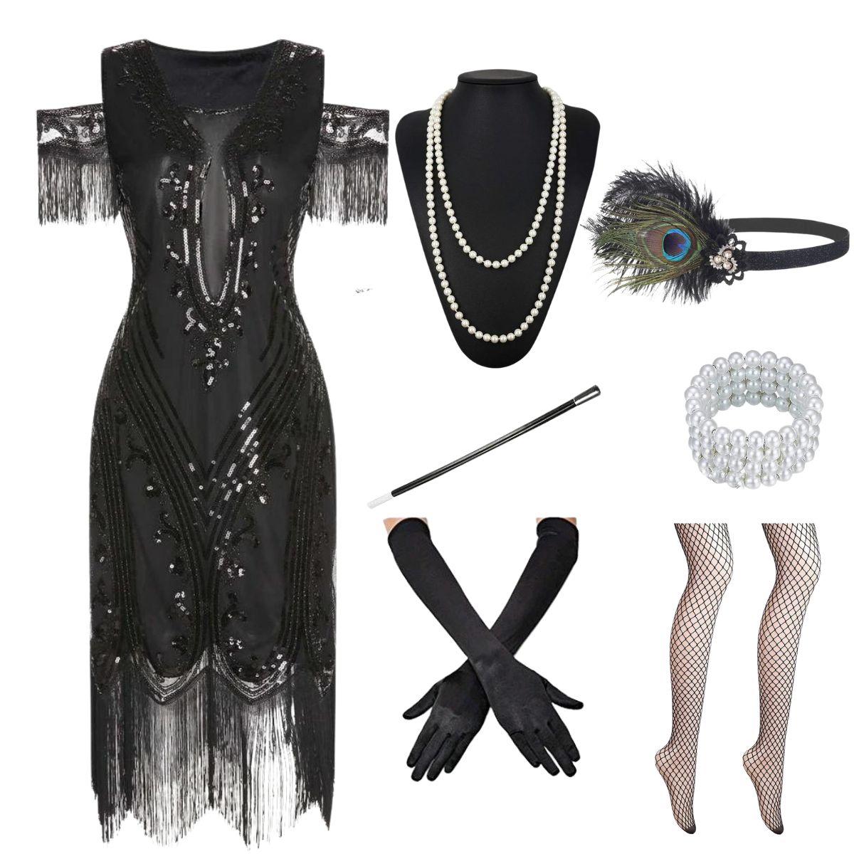 Cold Shoulder Embroidered Fringe Sequins Dress & 6PCS Accessories