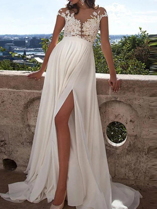 IvyShape Maternity Evening Wedding Dresses, Lace Dresses, Side Slit, Backless, V-Neck, White