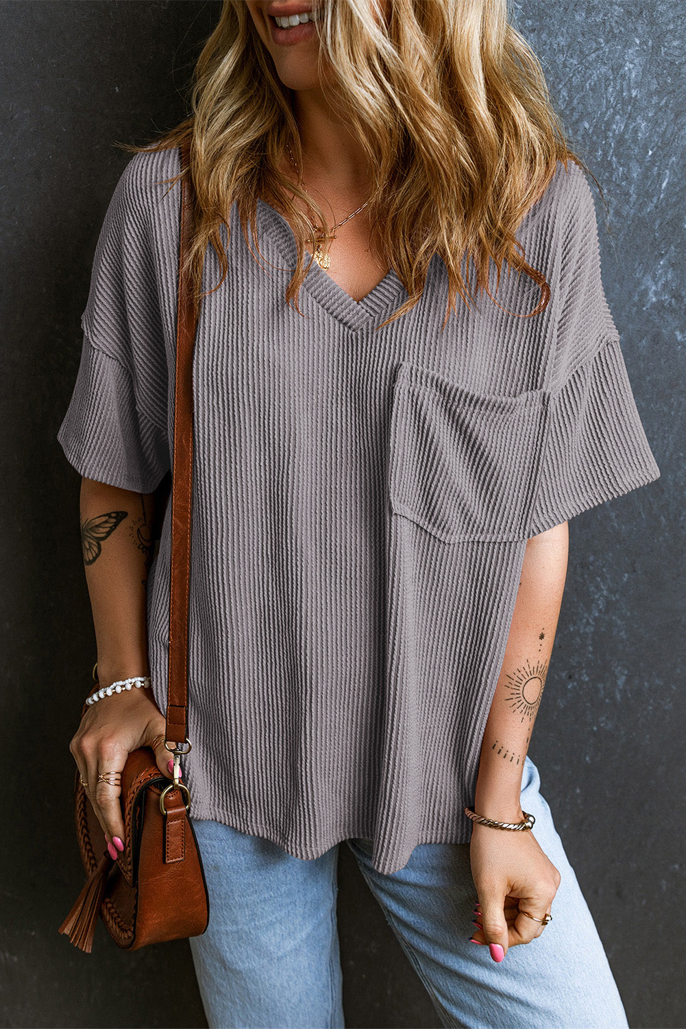 Ivyshape | Textured V-Neck Dropped Shoulder T-Shirt