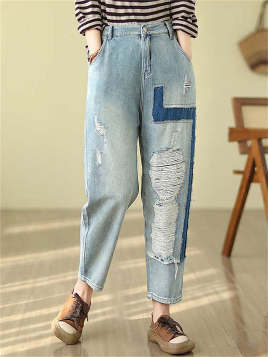 Light Blue Ripped Patchwork Female Trendy Harem Jeans