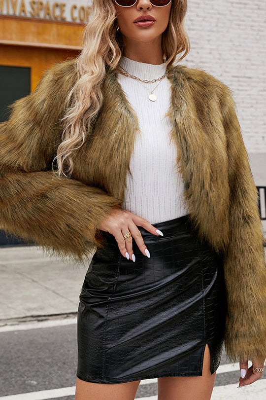 Ivyshape | Long Sleeve Short Casual Faux Fur Jacket