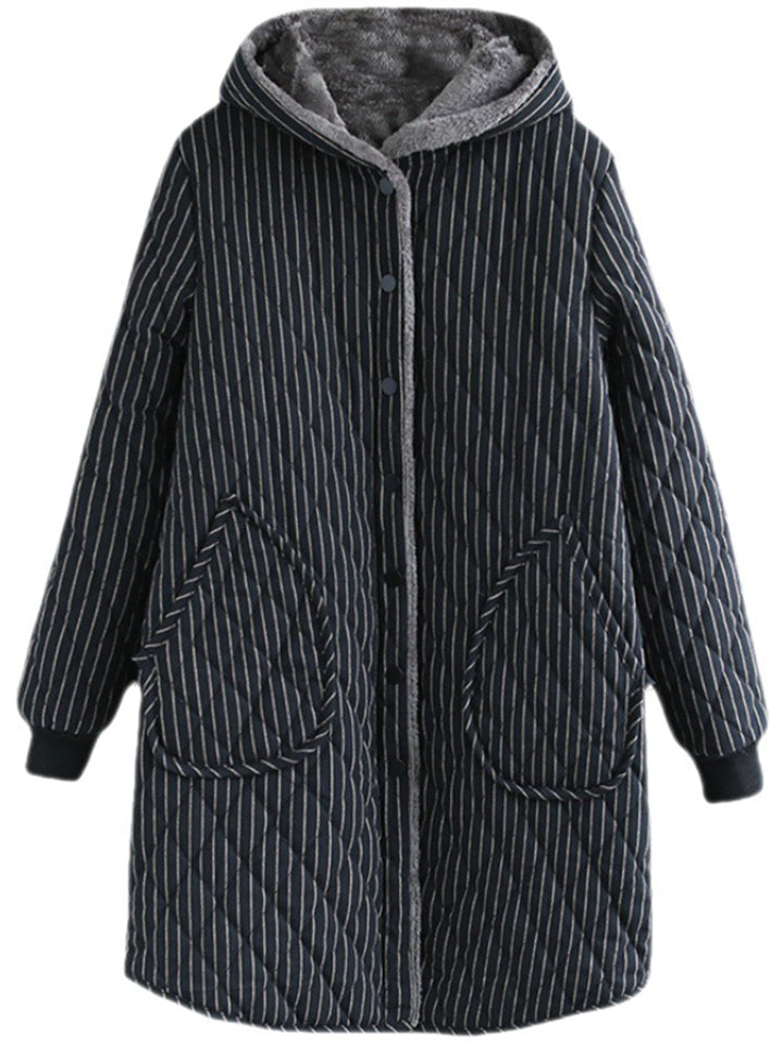 Female Striped Mid-length Hooded Thickened Cotton Coats