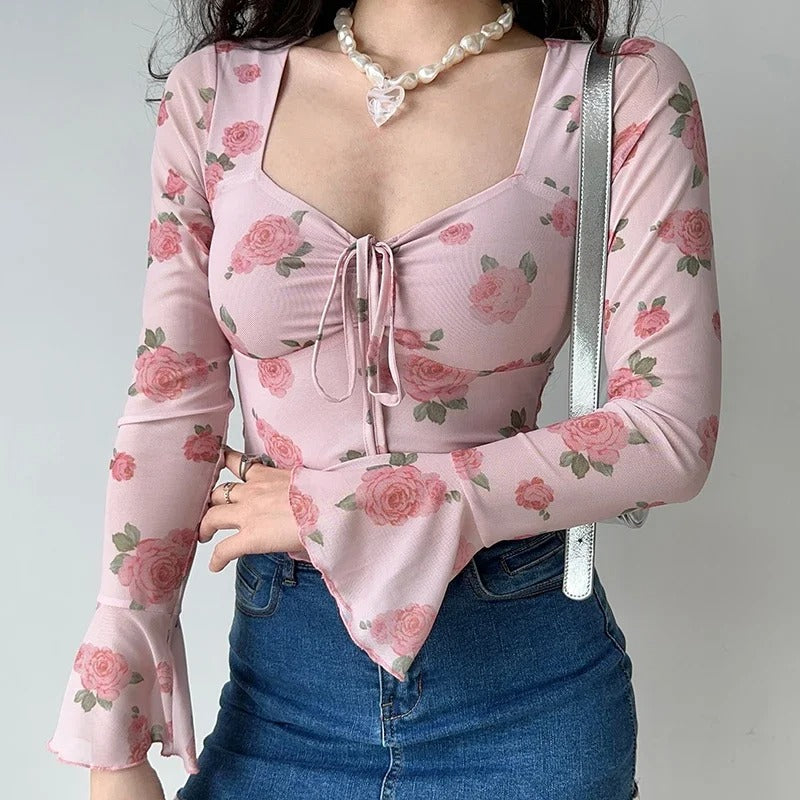 Sweet Floral Print Flare Sleeve Top for Women