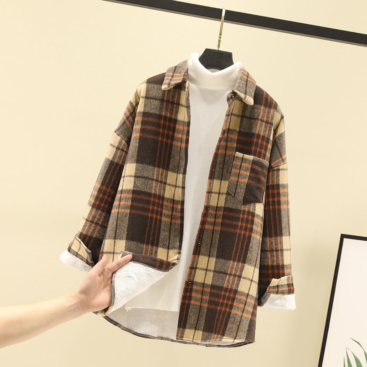 Ivyshape | Woolen Cardigan Coat Fleece Plaid Shirt Women