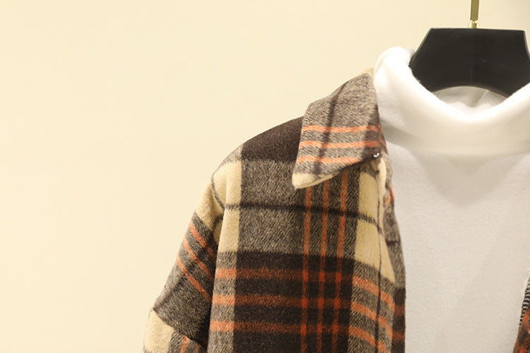 Ivyshape | Woolen Cardigan Coat Fleece Plaid Shirt Women