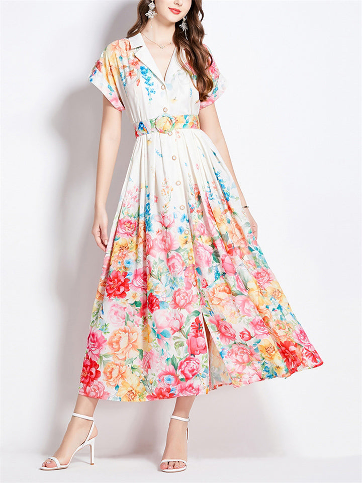 Classy Tender Lapel Blossom Print Dresses for Ladies