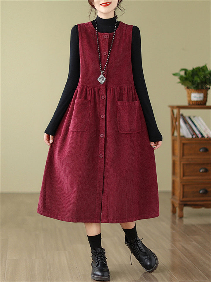 Crew Neck Button Up Sleeveless Mid-Length Dress