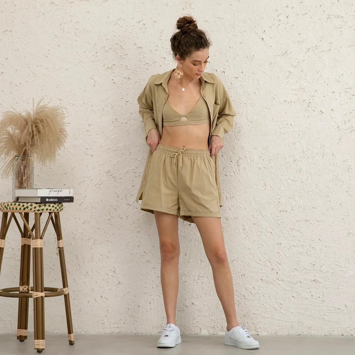 3-pieces Set In Khaki (bustier top + shirt + shorts)