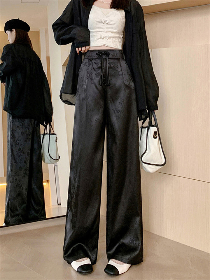 Female Bamboo Leaf Jacquard Satin Wide-Leg Pants