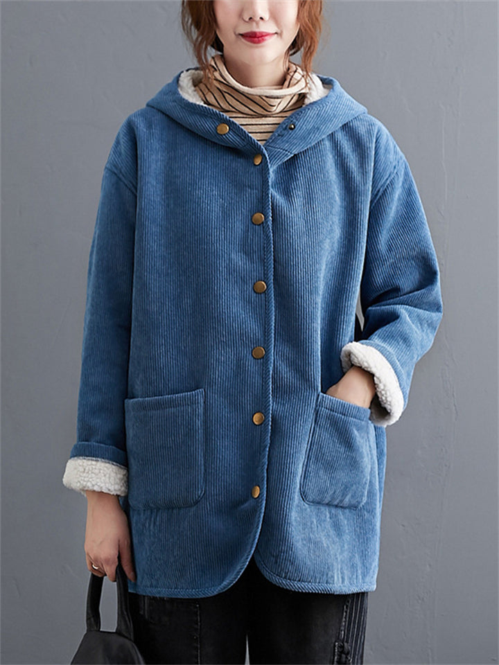 Winter Keep Warm Plush Lining Corduroy Hooded Coat