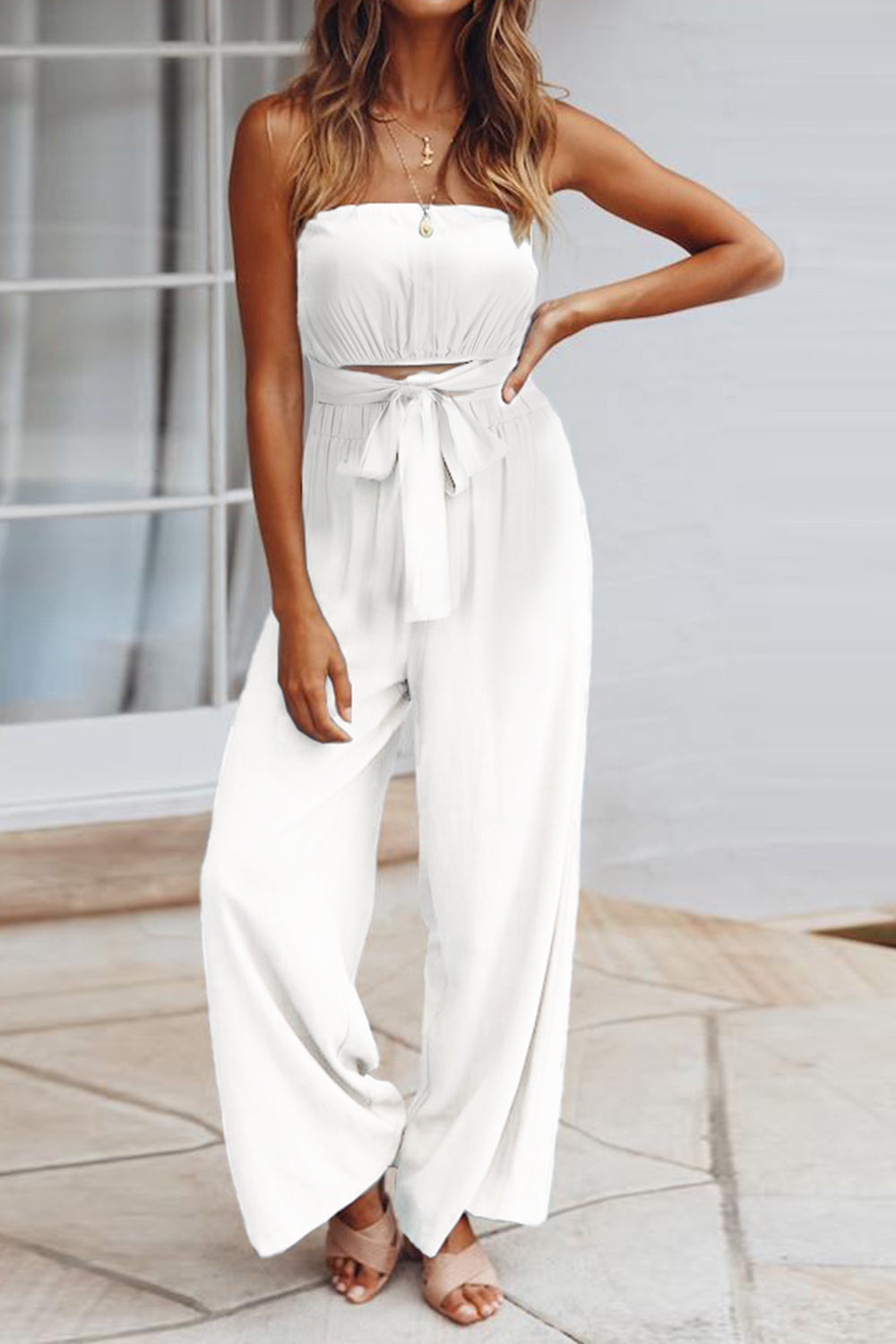 Ivyshape | Tied Cutout Tube Wide Leg Jumpsuit