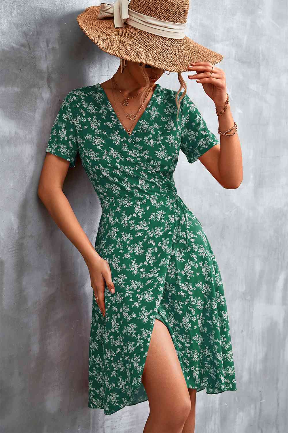 Floral Surplice Neck Flutter Sleeve Dress