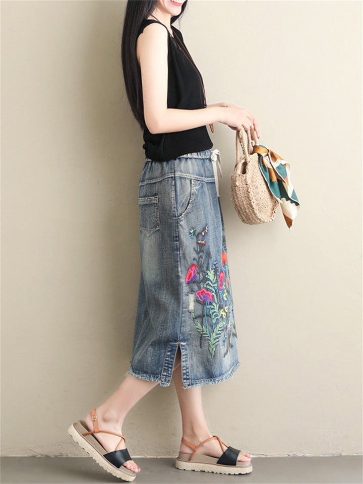 Denim Embroidery Long Skirts