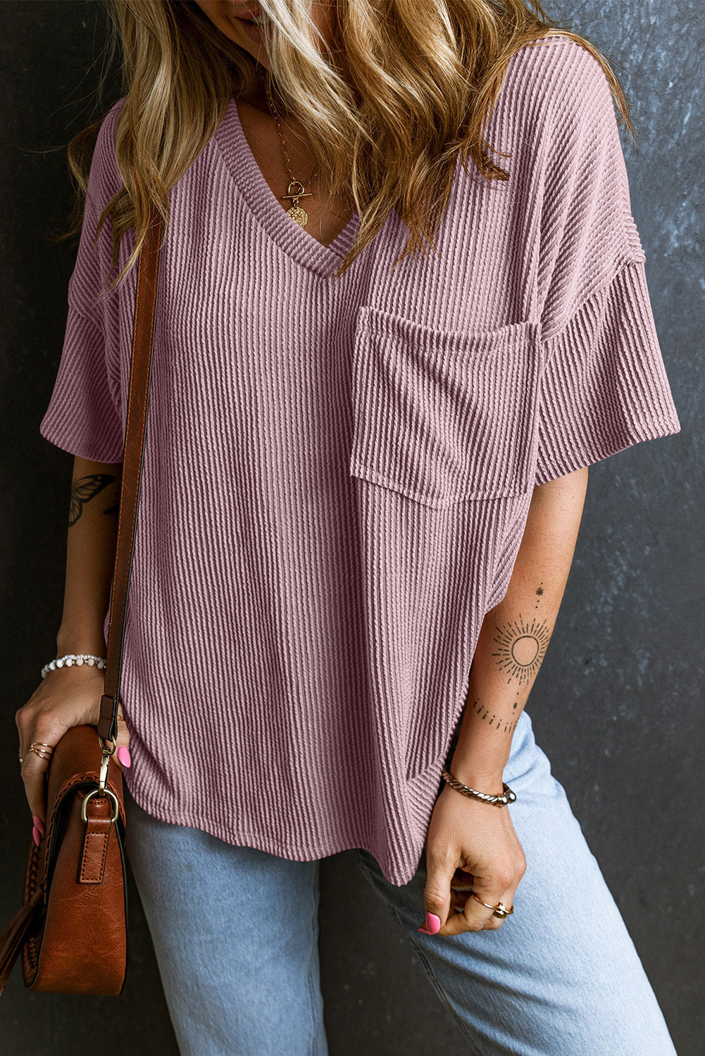 Ivyshape | Textured V-Neck Dropped Shoulder T-Shirt